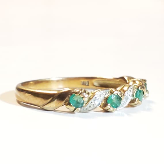 Antique Green Emerald Diamond & 9ct Gold Ring Siz… - image 2