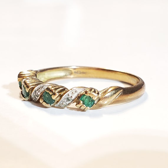 Antique Green Emerald Diamond & 9ct Gold Ring Siz… - image 8