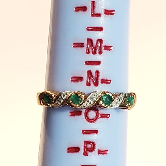 Antique Green Emerald Diamond & 9ct Gold Ring Siz… - image 6
