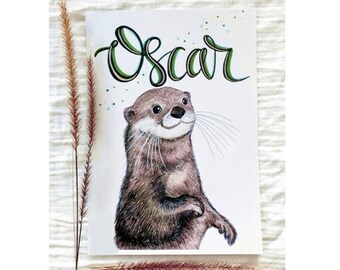 Impresión personalizada de nutria- Impresión personalizada de nombre de bebé- Ilustración de nutria personalizada - Arte de pared de nutria- Arte de animales marinos - Arte de pared para niños