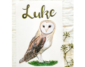 Custom Barn Owl Print, Custom Name Art, Watercolour Barn Owl, Woodland Nursery Decor, Barn Owl Drawing, Forest Animal Print, Bird Wall Art
