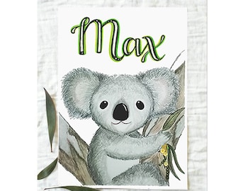 Custom Koala Name Print, Australian Nursery Art, Koala Nursery Wall Art, Boys Room Print, Koala Wall Art, Personalised