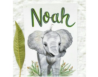 Custom Baby Elephant Print - Baby Elephant Wall Art - Customised Baby Name Print - Elephant Nursery Decor - Personalised Elephant Art -A4