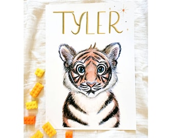 Custom Name Print Baby Tiger, Custom Name Art, Nursery Art, Boy Name Wall Art, Tiger Nursery Print, Personalised Name Art