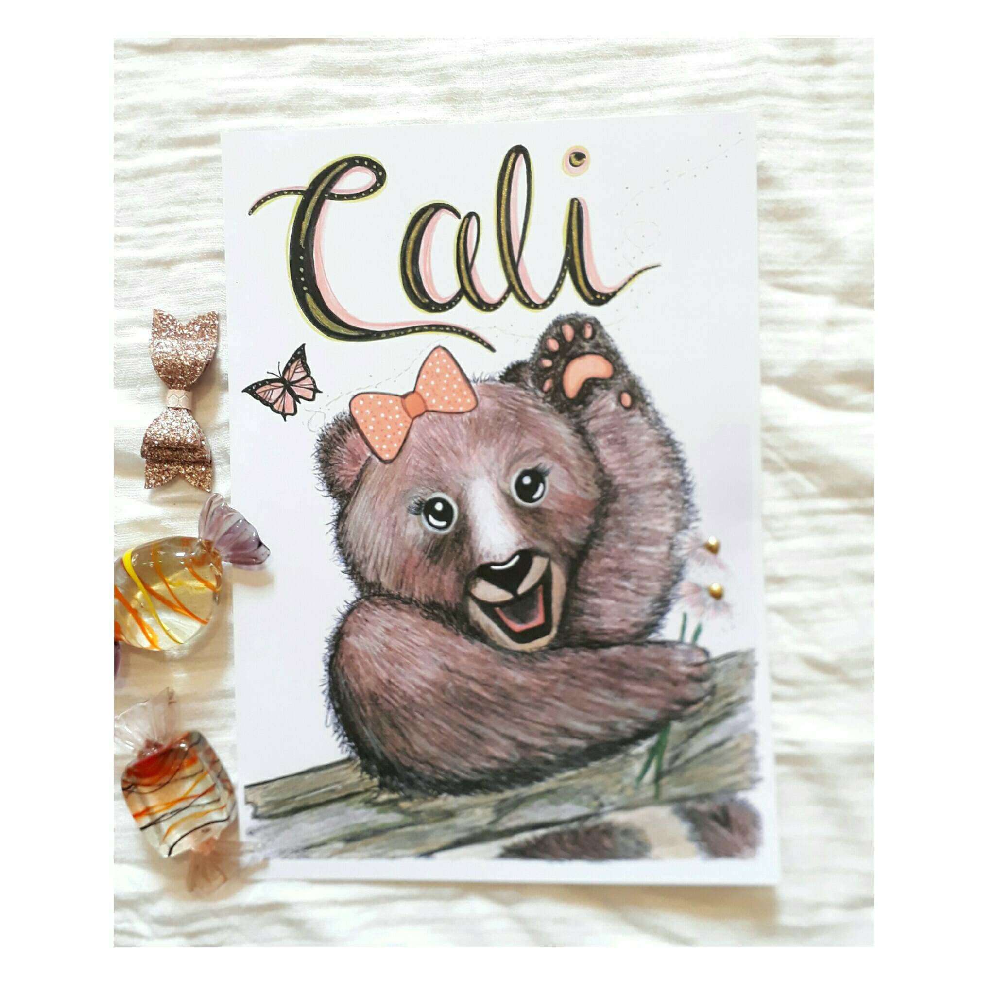 Custom Baby Name Print Teddy Bear Print Baby Girl Nursery Etsy