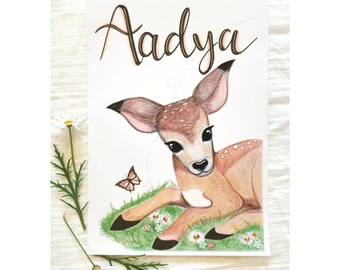 Baby Deer Custom Name Print, Baby Deer Print,  Woodland Nursery Print, Persinalised, Girls Room Decor,  Woodland animals