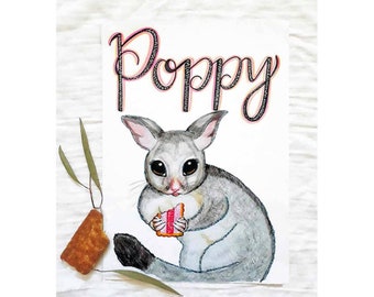 Personalised Nursery Print Australian Possum - Custom Baby Name Print - Baby Girl Nursery - Girls Room Decor Australian Animals - A4 Print