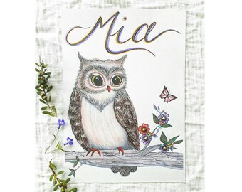 Personalised Name Print, Owl Nursery Decor, Owl Print, Owl Nursery Wall Art , Baby Room Wall Art Woodland Animals, Woodland Nursery Decor,