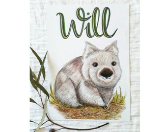 Personalised Nursery Print Wombat - Custom Baby Name Print - Nursery Wall Art - Kids Room Decor - Australian Animals - Souvenir - A4 Print