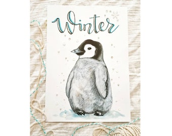 Nursery Name Print, Custom Name, Baby Penguin Watercolour, Nursery Wall Art, Personalized Gift, Nursery Name, Kids Room Decor