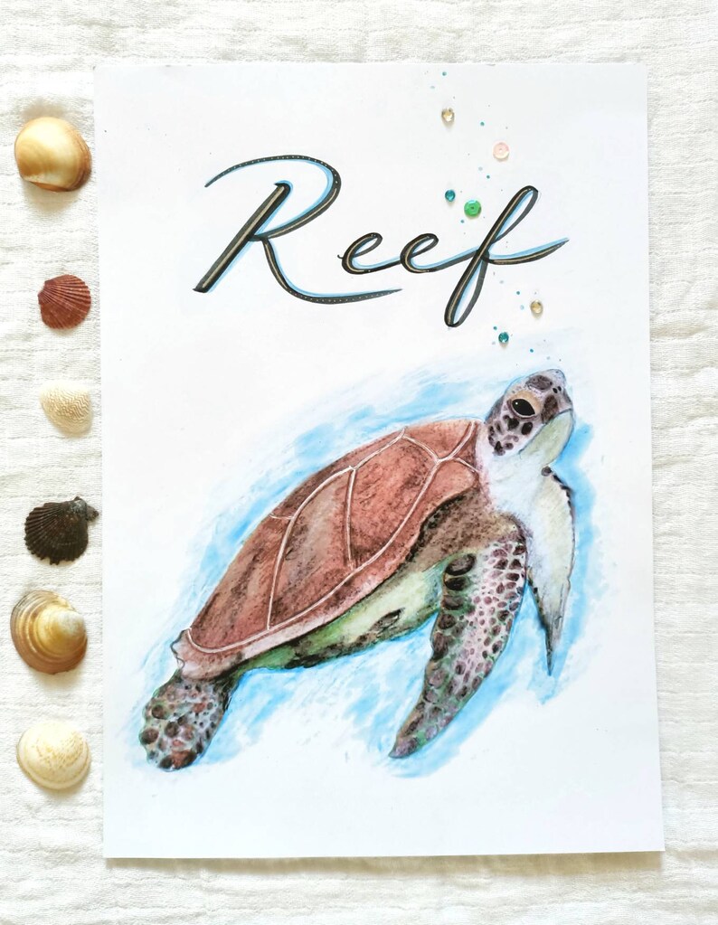 Impresión personalizada de tortugas, impresión de nombre personalizado, tortuga personalizada, arte infantil, decoración de la habitación para niños, arte animal, signo de animales, tortugas, animales marinos imagen 2