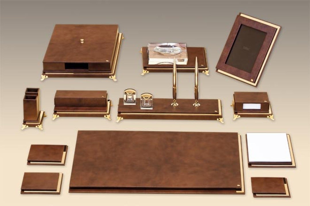 Leather Gold Plated Deskset / Luxury Leather Desk Set/ Genuine Leather ...