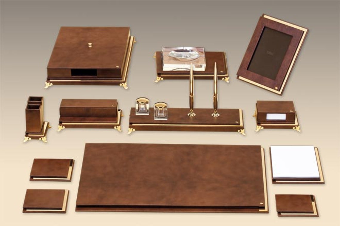 Leather Gold Plated Deskset / Luxury Leather Desk Set/ Genuine Leather Desk Set / Handmade