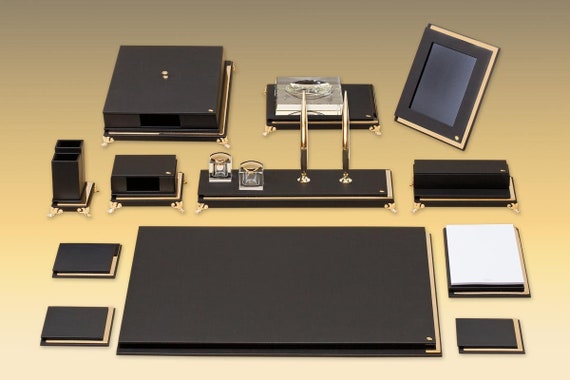 Leather Gold Plated Deskset / Luxury Leather Desk Set/ Genuine | Etsy