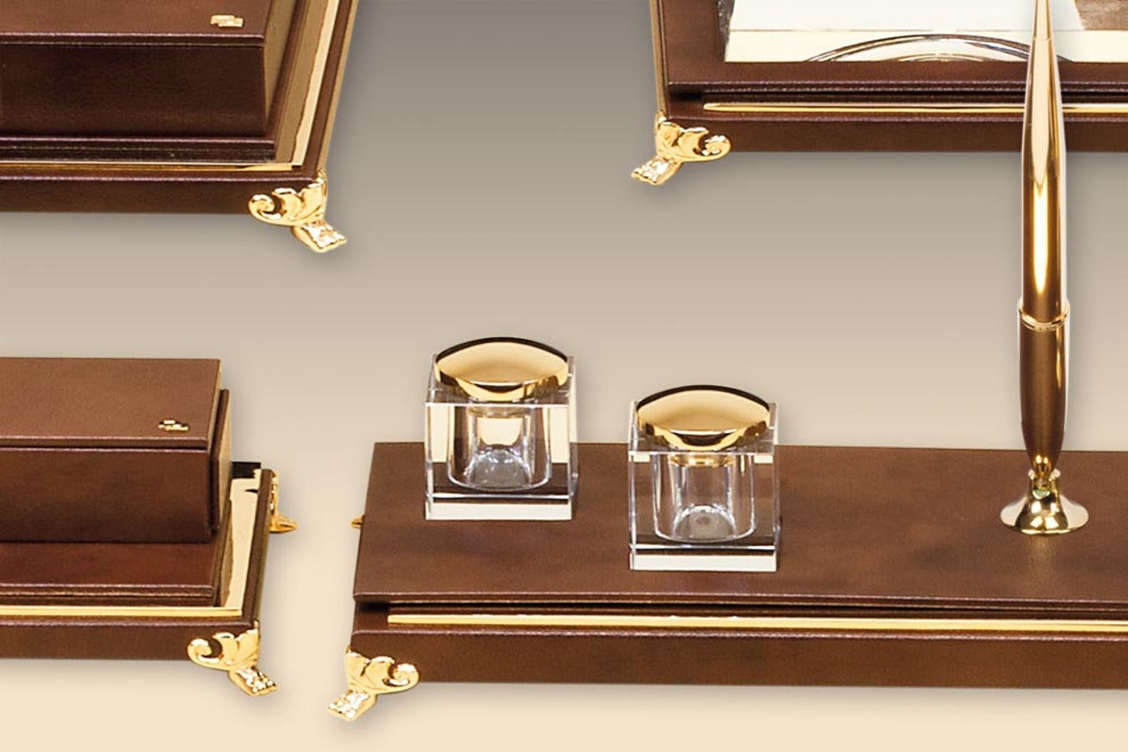Leather Gold Plated Deskset / Luxury Leather Desk Set/ Genuine Leather