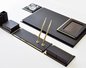 Leather Gold Plated Deskset / Luxury Leather  Desk set/ Genuine Leather Desk set / Handmade Leather Luxury Desk set / TABACC / 99511