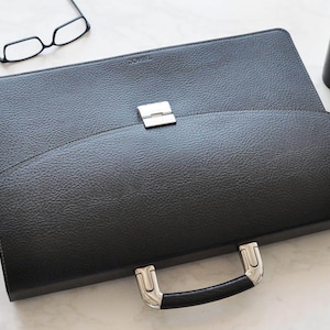 Handmade Black Leather Briefcase: Italian Calfskin Satchel, Lawyers Bag