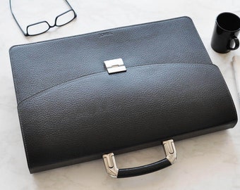 Handmade Black Leather Briefcase: Italian Calfskin Satchel, Lawyers Bag 25219