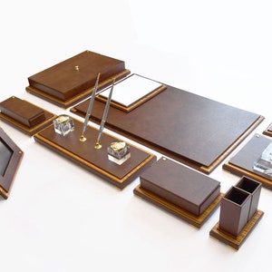 Handmade Italian Leather Desk Set: Luxury Wood & Gold Accents