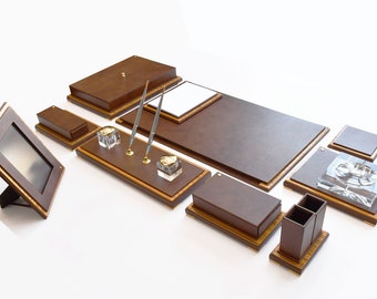 Leather and wooden Deskset / Luxury Leather  Desk set/ Genuine Leather Desk set / Handmade Leather Luxury Desk set / TABACC 176540