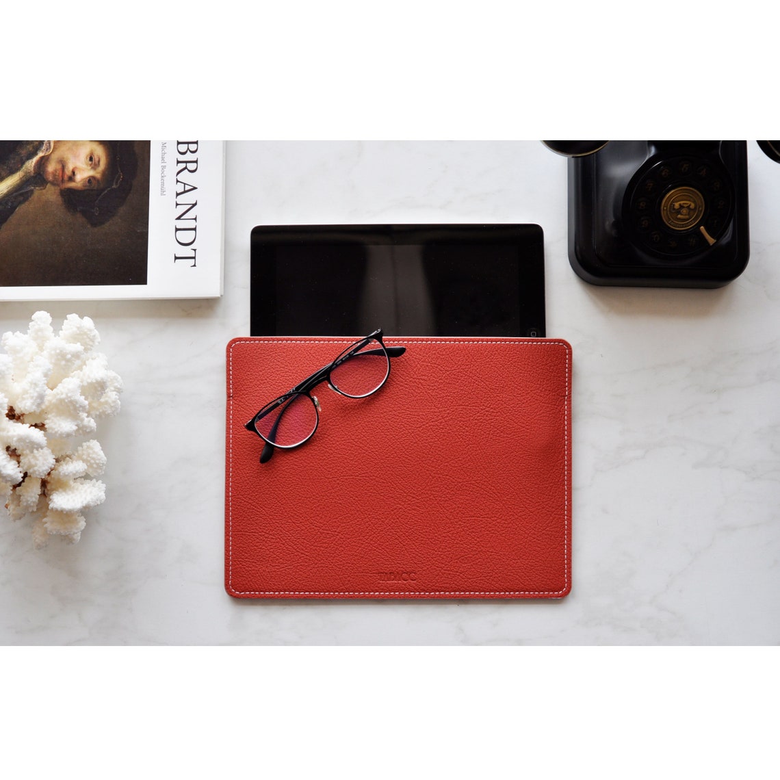 red leather laptop