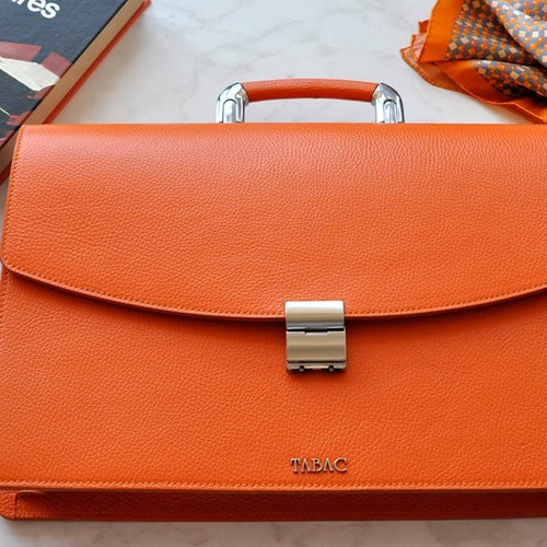 Leather Briefcase Women ORANGE Leather Briefcase Lawyers Etsy