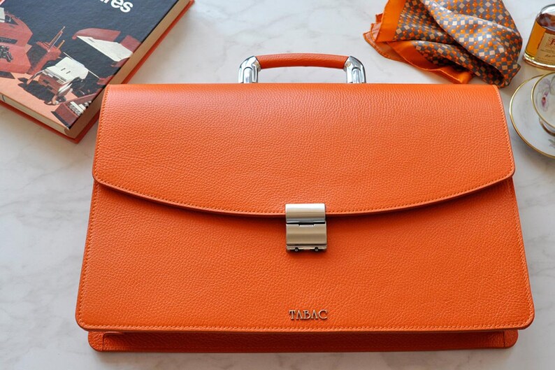 Leather Briefcase Women ORANGE Leather Briefcase Lawyers Etsy
