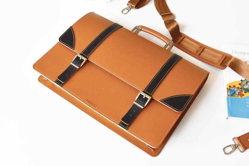 Leather Briefcase Men and Women, CAMEL Brown Leather Satchel, Lawyers Bag, Classic Briefcase