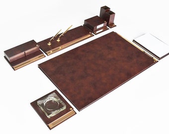 Leather Gold Plated Deskset / Luxury Leather  Desk set/ Genuine Leather Desk set / Handmade Leather Luxury Desk set / TABACC / 92541