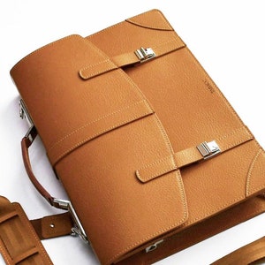 Camel Brown Leather Briefcase: Handmade Italian Calfskin Satchel