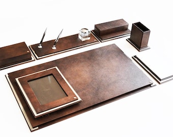 Leather Gold Plated Deskset / Luxury Leather  Desk set/ Genuine Leather Desk set / Handmade Leather Luxury Desk set / TABACC / 96540