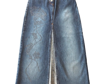 BRAY STEVE ALAN - Denim Maxikjol med Glaspärlor Blomdetaljer och Råa Kanter