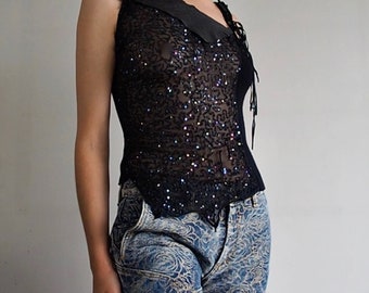 PATRIZIA PEPE - Asymmetrisch topje met lovertjes, details van col en cuir et passant in métal