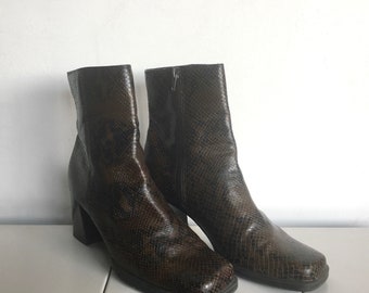 Brown Leather Snakeskin Texture Chunky Heel Boots