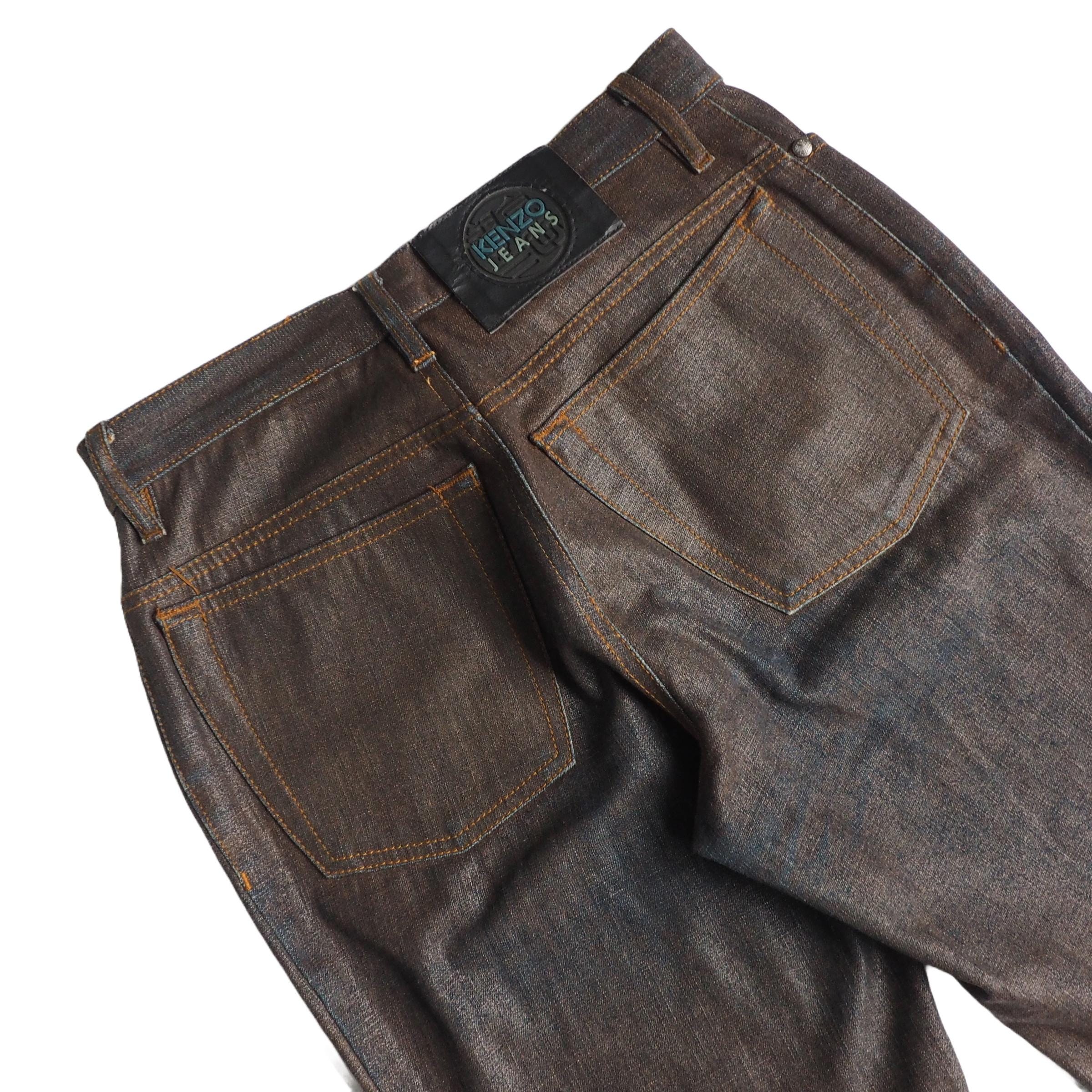 KENZO - 00's Archive Brown Waxed Denim Trousers With Blue