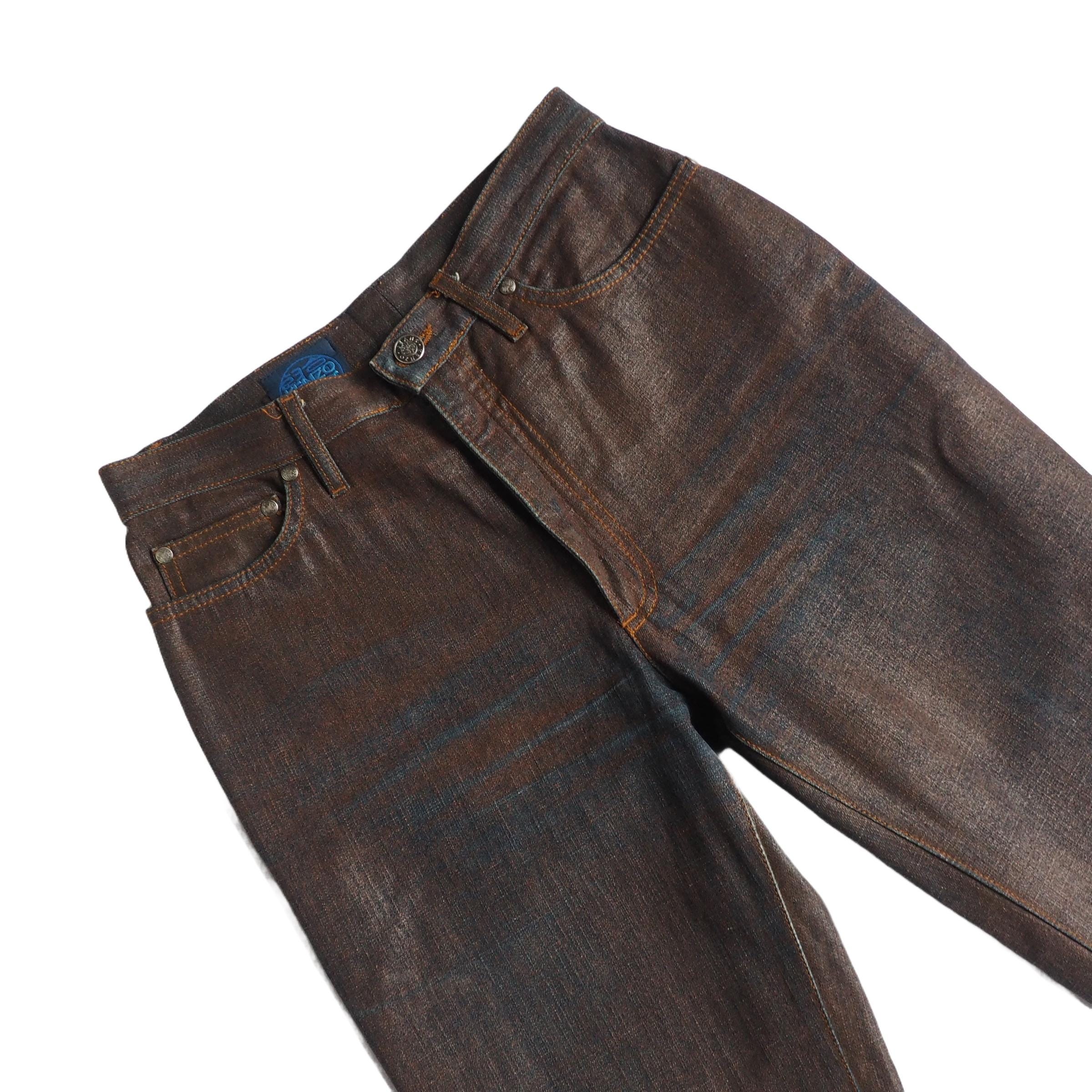 KENZO - 00's Archive Brown Waxed Denim Trousers With Blue
