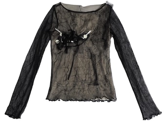 French Archive: versierde kanten mesh met lange mouwen en aangebrachte details