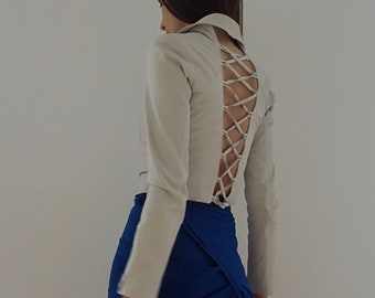 PLEIN SUD - Zeldzaam archief gebroken wit modulair leren jack met bondagedetails