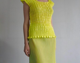 Issey Miyake - Raro top a canotta plissettato giallo elettrico da archivio