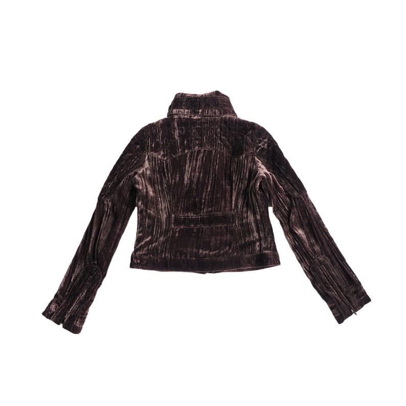 May include: A brown corduroy jacket with a stand-up collar and long sleeves.