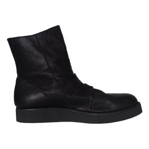 May include: A black leather ankle boot featuring a smooth upper with subtle gathered detailing across the midfoot, a rounded toe, and a thick, textured black rubber platform sole that provides a flat base for the footwear.