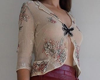 Anna Molinari - Archive Adorned Embroidered Laced Silk Blouse with Floral Beaded Details