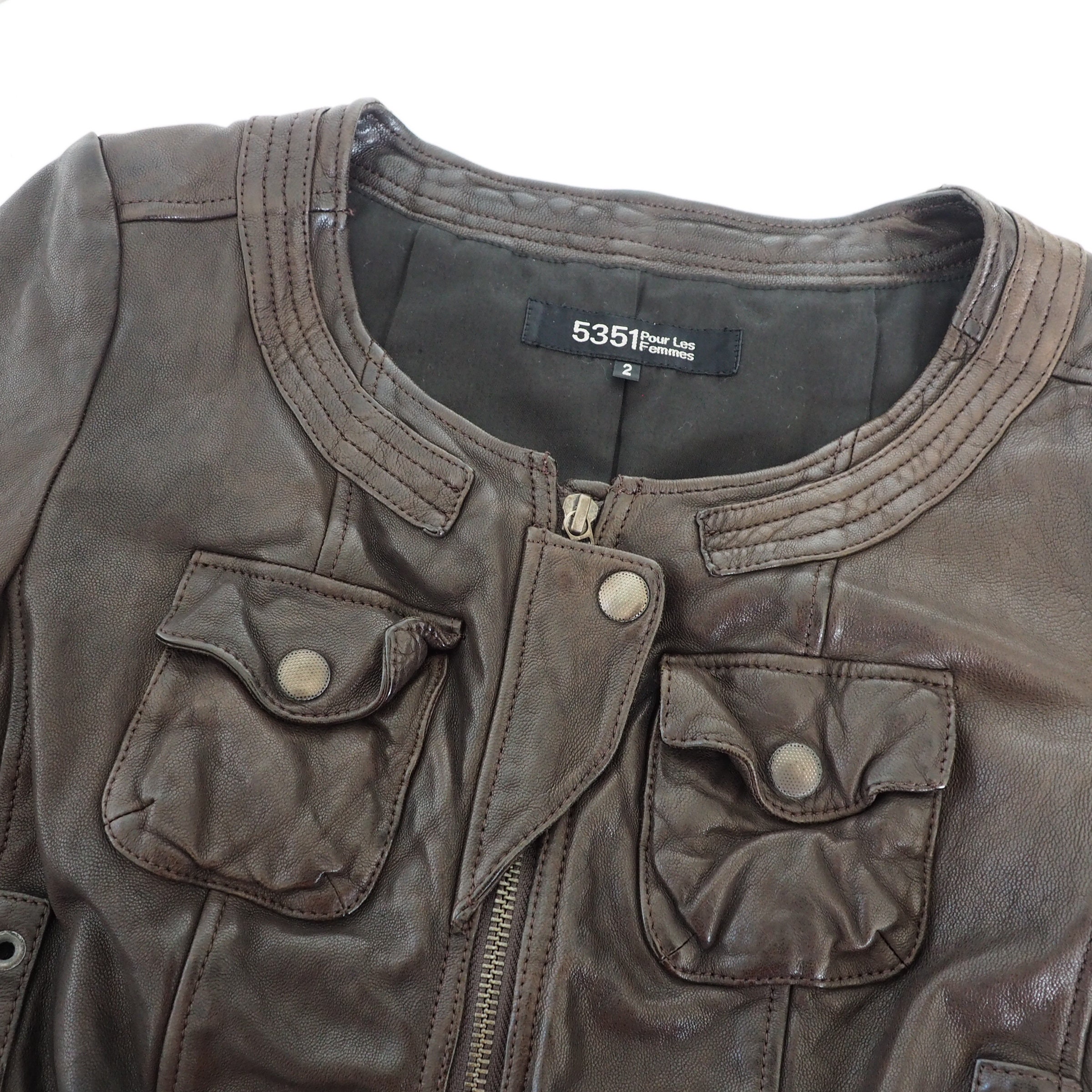 5351 Pour Les Femmes Dark Brown Leather Jacket With Multiple 