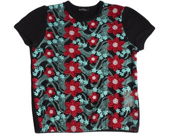 Comme des Garçons - Archivo raro 2002 Camiseta de malla y punto con bordado floral