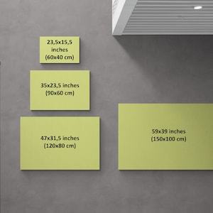 May include: Four different sizes of yellow canvas prints with dimensions listed in inches and centimeters. The prints are hanging on a gray wall.