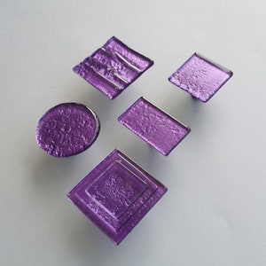 Unique Purple Sparkle Glass Knob. Square Accent Lilac Glass Knob. Artistic Fused Glass Handle in Sparkly Purple Color 0015