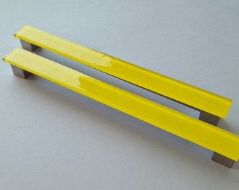 A Set of 2 Large Glass Pulls in Sunny Yellow. Bright Yellow Glass Pull. Sunny Glass Cabinet Handle. Yellow Fused Glass Cabinet Pull 0044