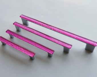 Bright Pink Glass Pull. Artistic Fuchsia Furniture Glass Pull. Pink Glass Handle. Metallic Pink Glass Cabinet Pull. Accent Glass Pull 0022