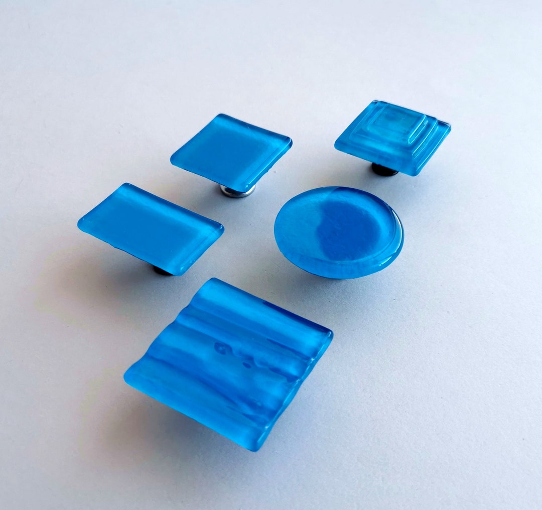Modern Azure Matte Blue Fused Glass Knob. Deep Blue Glass Knob. Matte