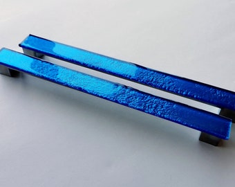 A Set of 2 Large Glass Pulls in Cobalt Blue. Artistic Bright Blue Fridge Glass Pulls Set of 2. Blue Glass Handle. Accent Glass Pull 0021